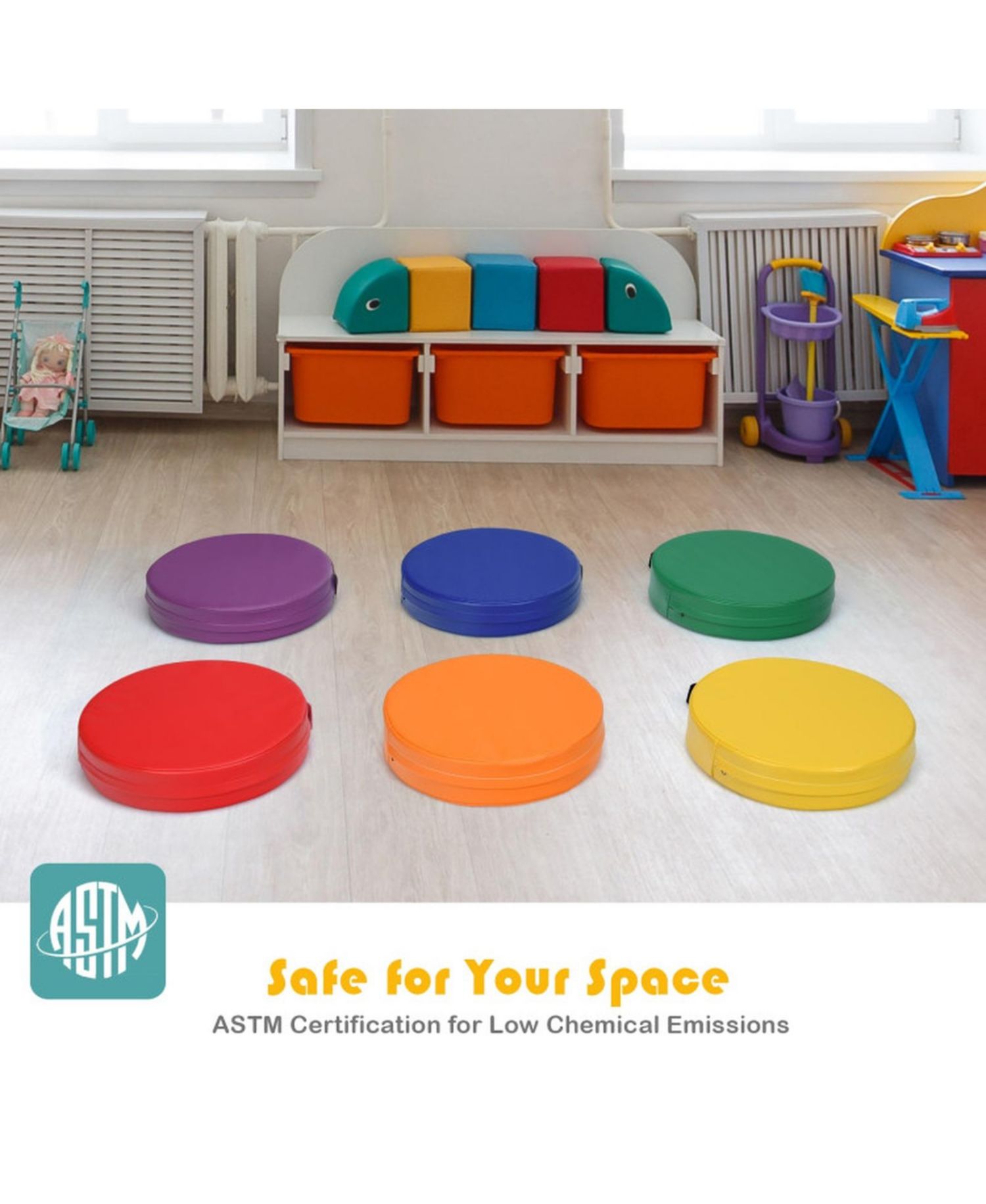 Toddler 6 Pack 15 Inch Round Floor Cushions Set for Daycare and Playroom