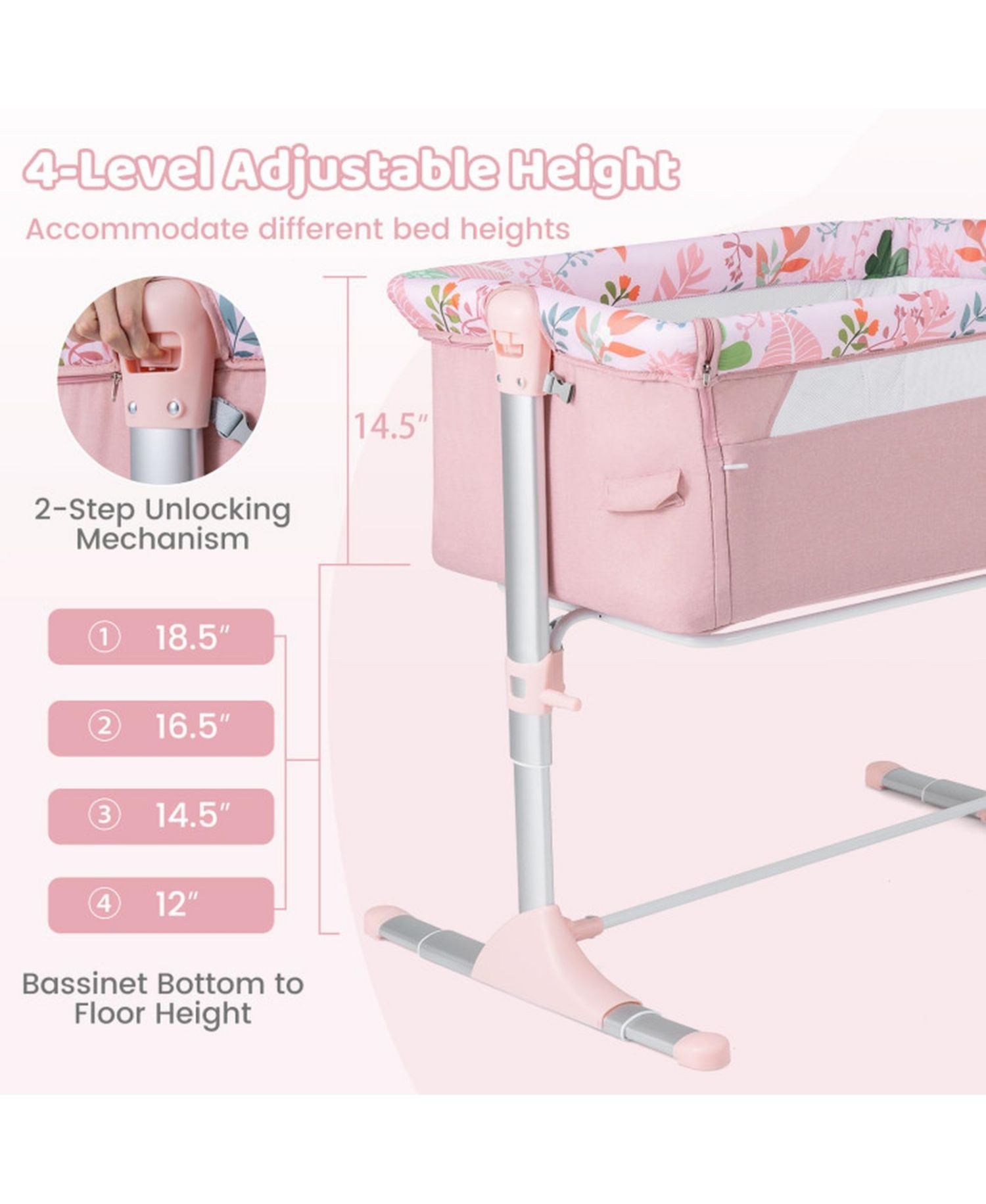 Baby Folding Bedside Bassinet Sleeper with 4 Adjustable Heights