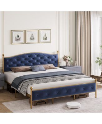 Velvet Upholstered Platform Bed Frame with Wooden Slats Support, Button Tufted Headboard, Mattress Foundation, No Box Spring Needed