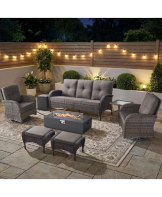 8 Piece Patio Furniture Set with 43" Fire Pit Kit Set Wicker Rattan Outdoor Sofa Set with Swivel Rocker Chairs and Thickened Cushions