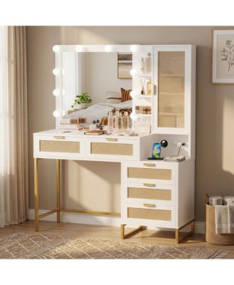 Makeup Vanity Desk with Lights and Mirror, 3 Dimmable Light Modes, 5 Rattan Front Drawers, Hidden Cabinet, Built-in Power Strip, Metal Frame