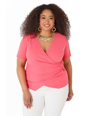 Plus Size Embellished Faux Wrap Women's Top