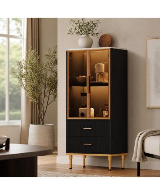 Glass Door Storage Cabinet with Wave Drawers, Tall Accent Cabinet with Shelves for Living Room Dining Room