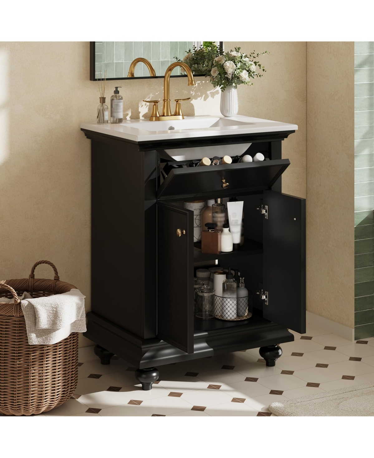 Phying 24 Inch Modern French Bathroom Vanity Freestanding Cabinet Farmhouse Bathroom Home Furniture