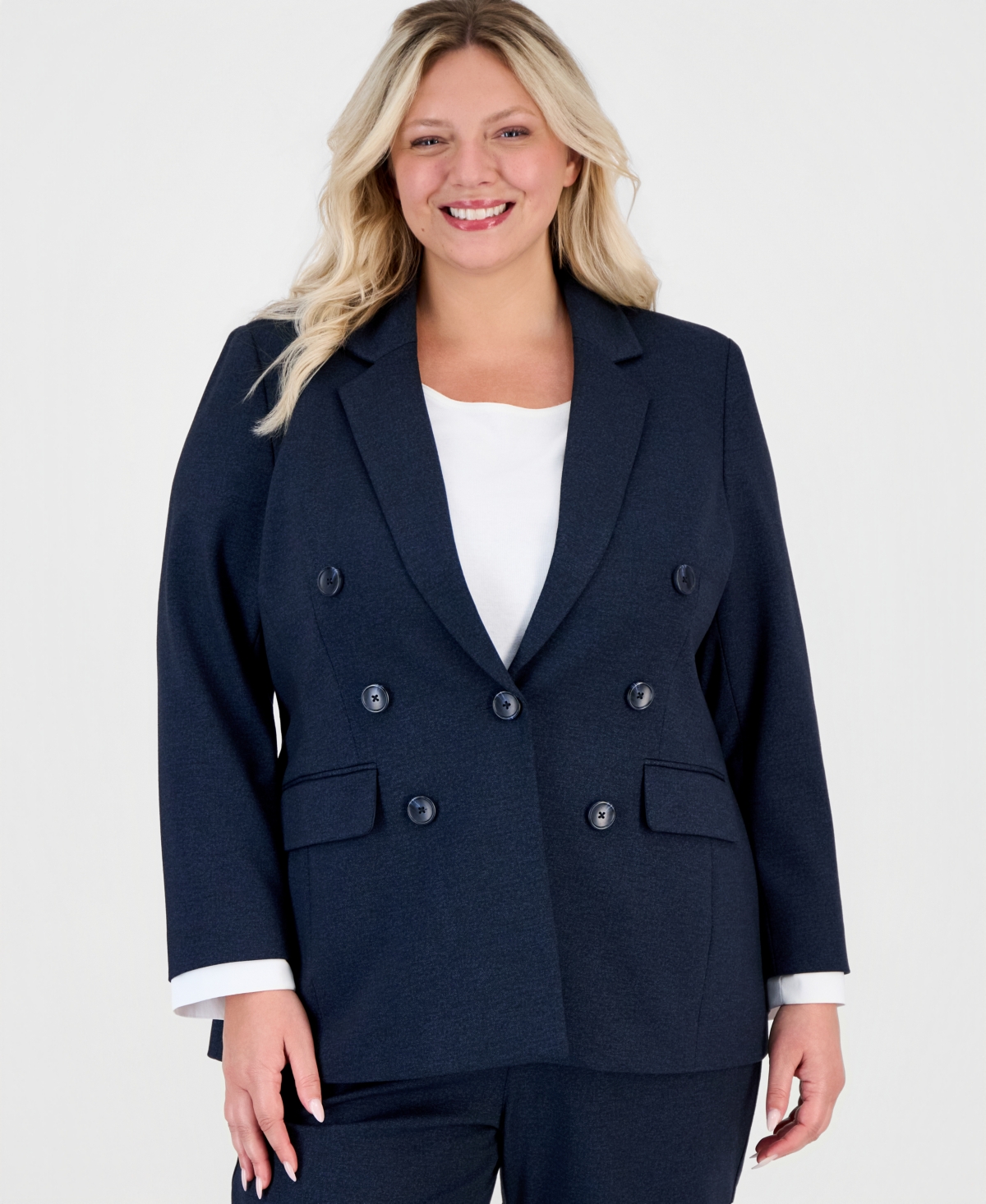 Jones New York Plus Size Double-Breasted Notch-Collar Blazer - Pacific Navy Multi