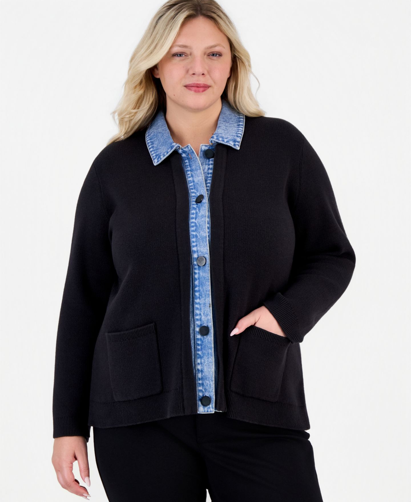 Женский кардиган Jones New York Plus Size Notch Collar Denim, цвет: Чёрный — фото 4