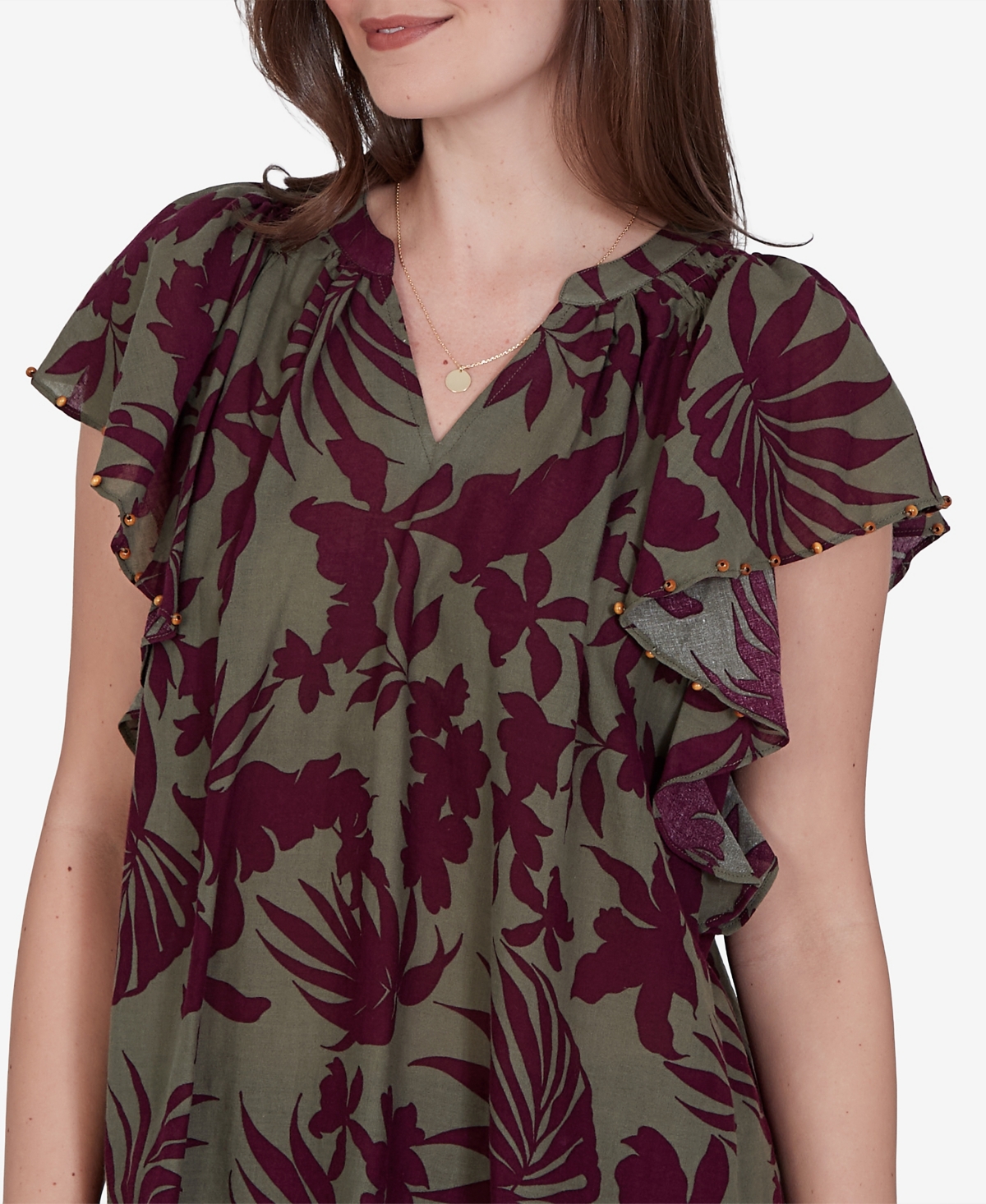 Ruby Rd. Petite Tropical Print Gauze Flutter-Sleeve Top