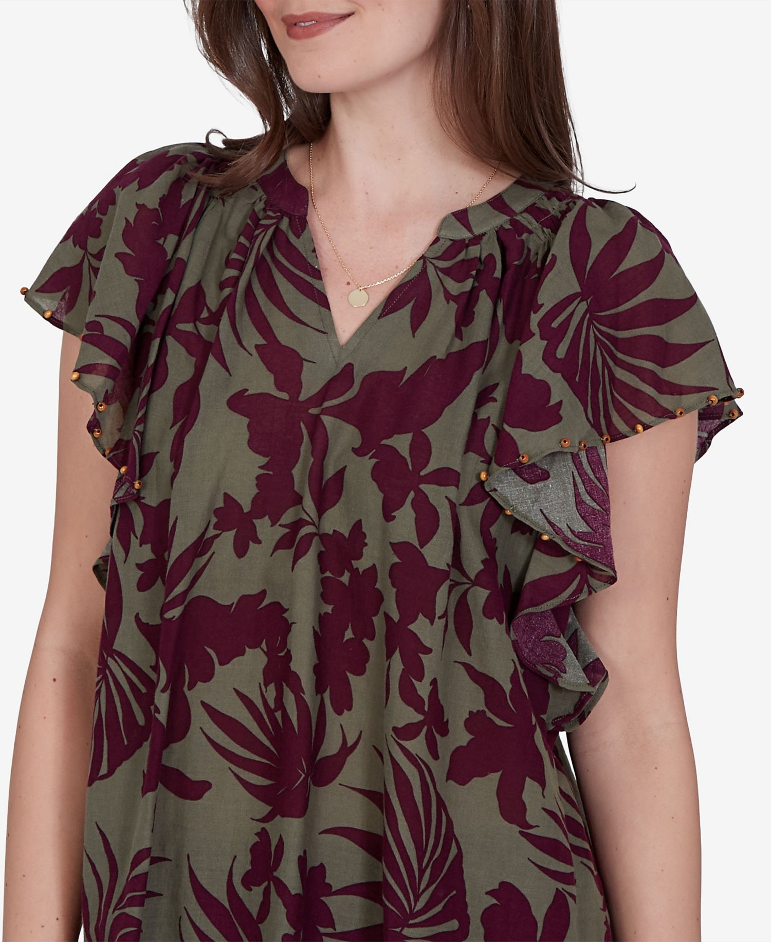 Petite Tropical Print Gauze Flutter-Sleeve Top