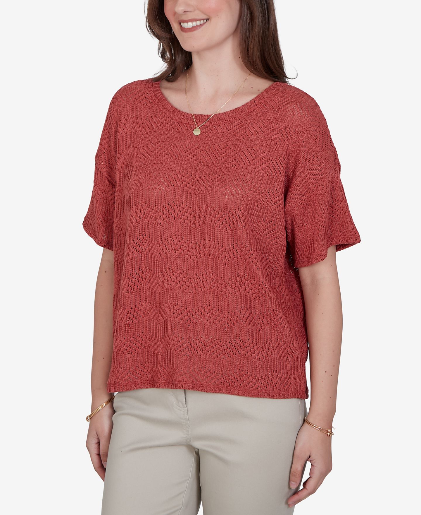 Женский топ Ruby Rd. Petite Crochet Diamond Textured Knit, цвет: Terra Cotta — фото 2