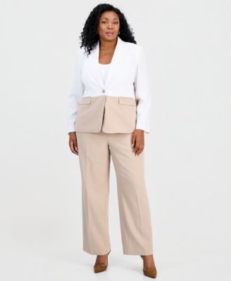 Plus Size Colorblocked One-Button Peplum Jacket & Fly-Front Wide-Leg Pants Suit