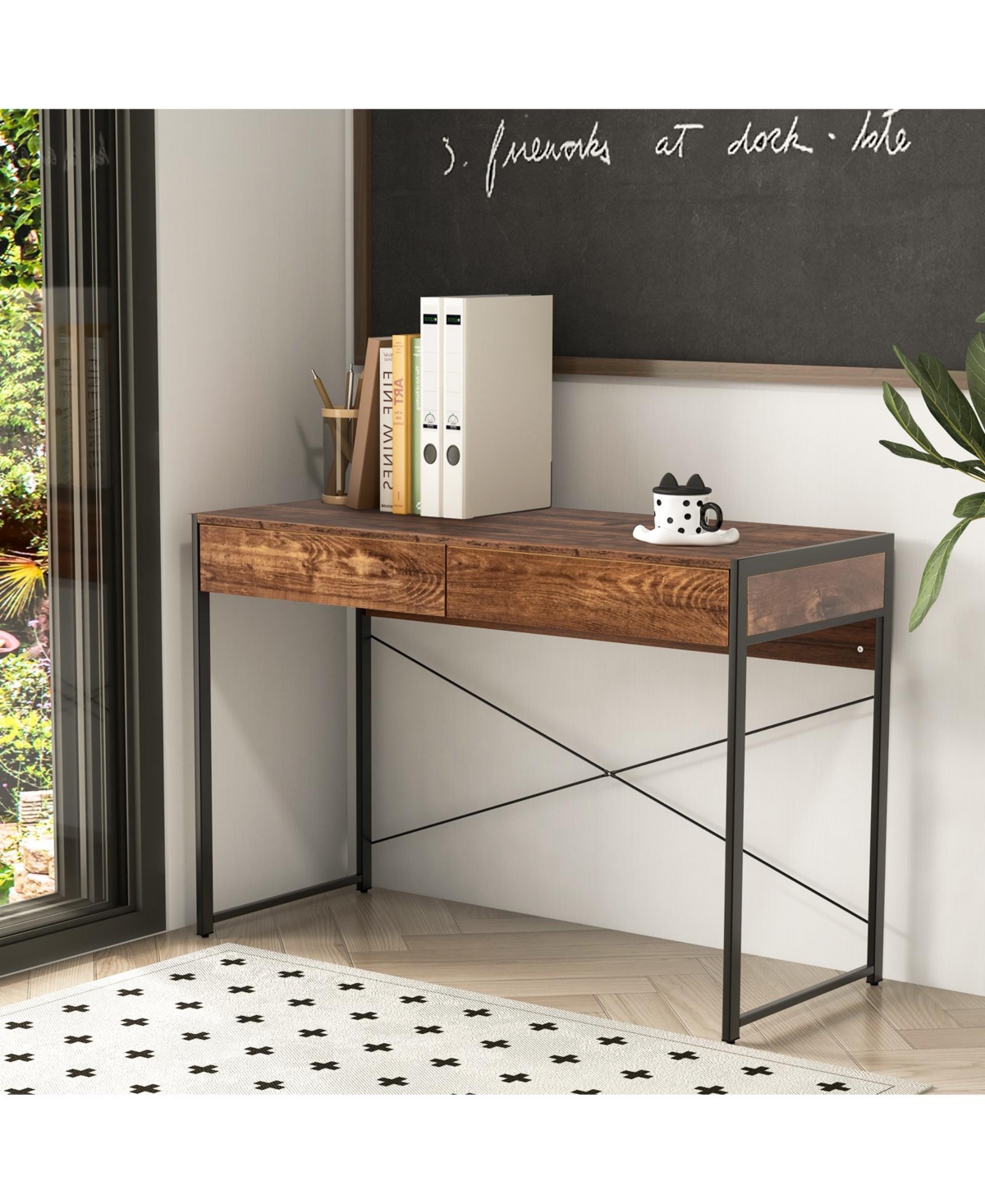 Gouun 2-Drawer Home Office Writing Desk with Reinforced Steel X-Frame