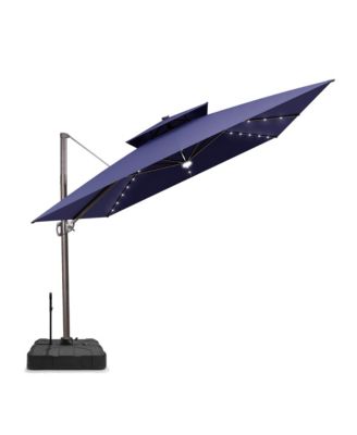 Outdoor Patio 11x11Feet Aluminum Double Canopy Solar Lights Cantilever Umbrella with Rod Wheel Base