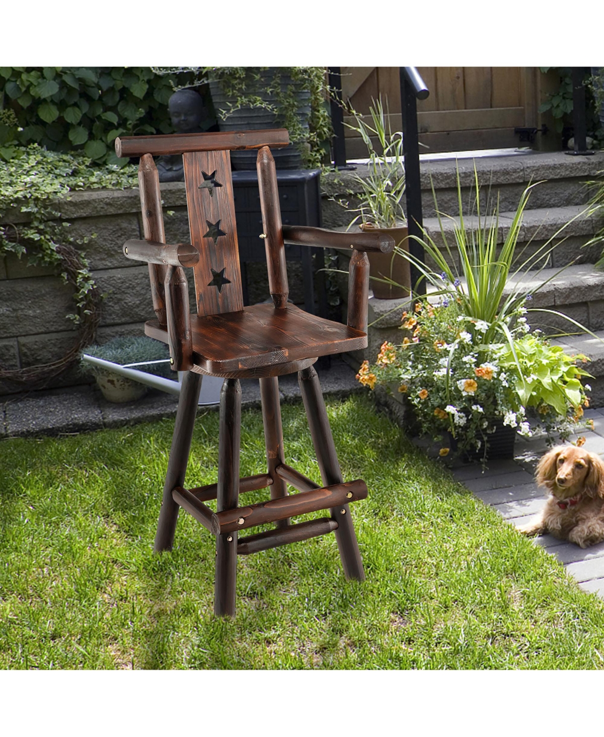 Costway Wooden Bar Stools Swivel Bar Height Kitchen Patio Chairs with Armrest