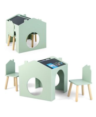 3-Piece Kids Table and Chair Set Chalkboard Top House Design