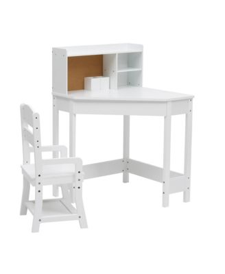 L Shaped Kids Desk and Chair Set with Shelf, Cork Board, and Pen Holders for Study Rooms