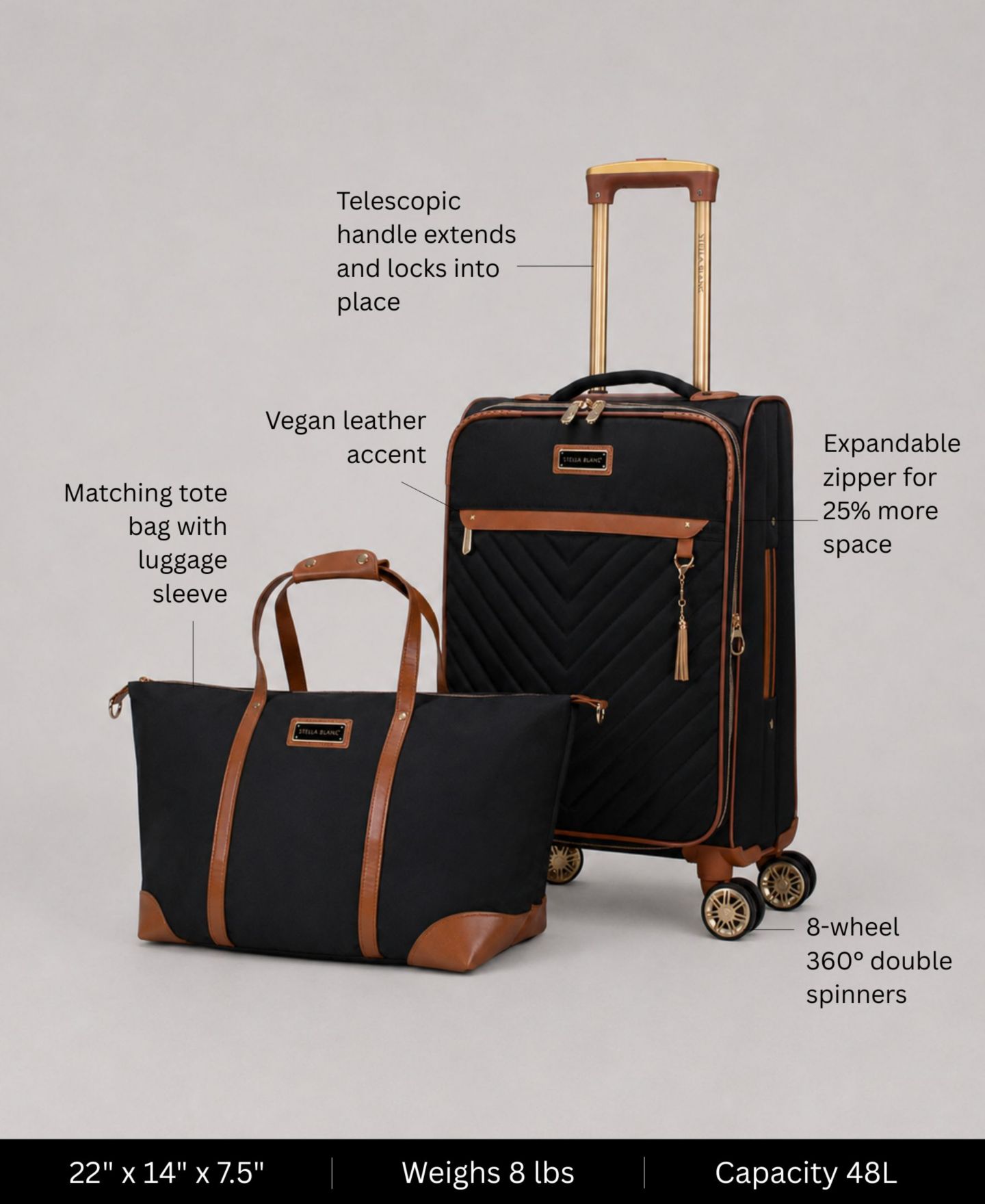 Сумки STELLA BLANC Belle 2-Pc. Softside Expandable Carry-On and Tote Set, цвет: Чёрный — фото 2