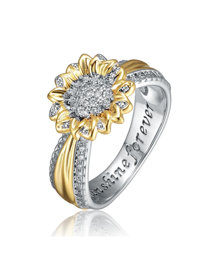 Rachel Glauber Unique Two-Tone Plated Radiant Pave CZ Floral Band Ring