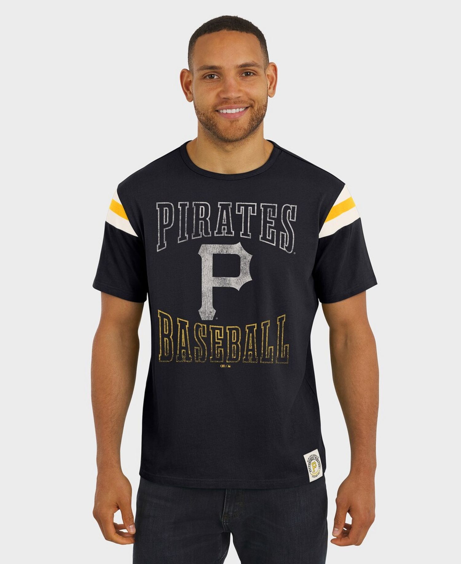 Darius Rucker Collection By Men's Black Pittsburgh Pirates Distressed Sleeve Stripe T-Shirt
