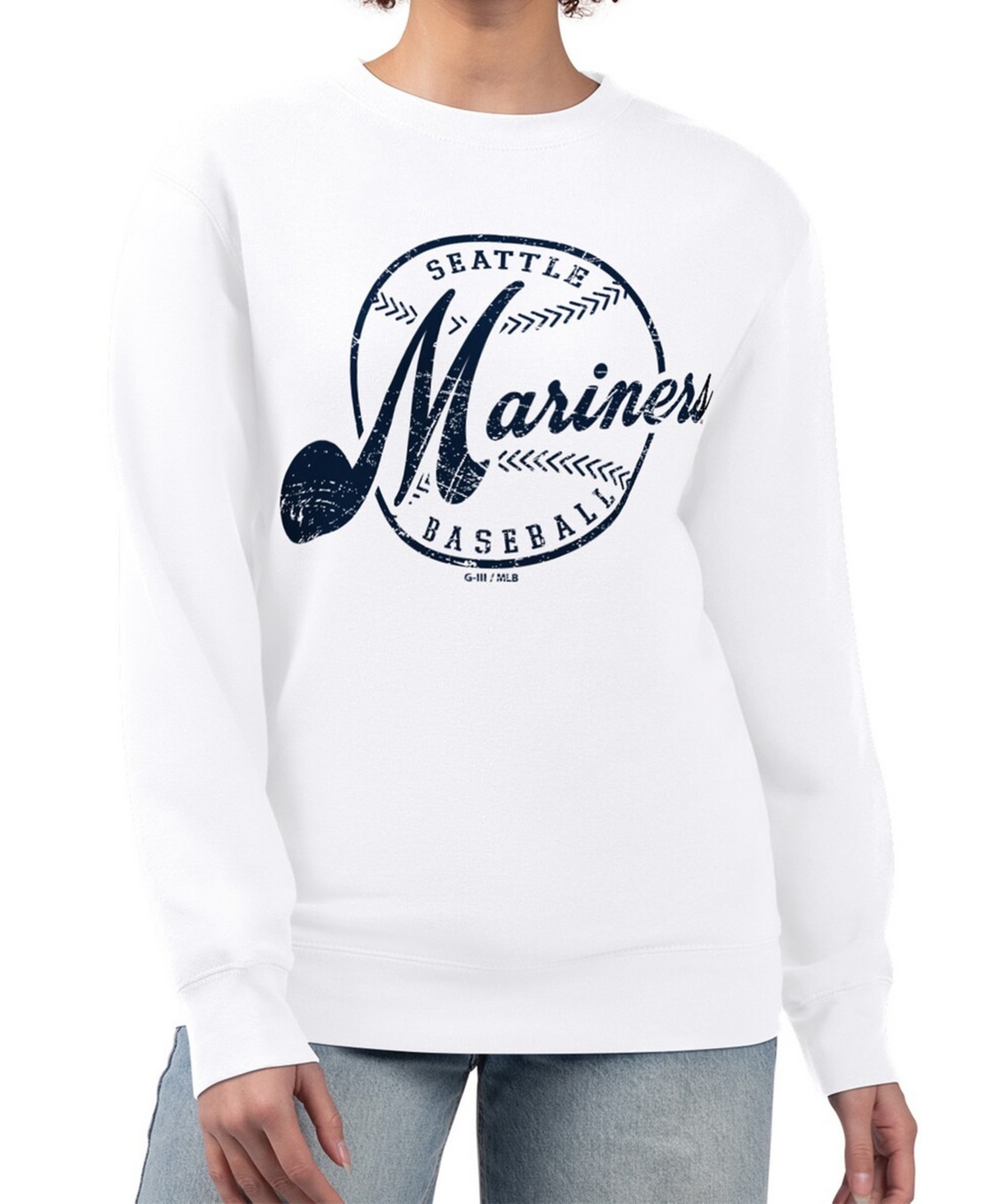 G-iii 4Her by Carl Banks Women's White Seattle Mariners Distressed Baseball Team Fleece Pullover Sweatshirt