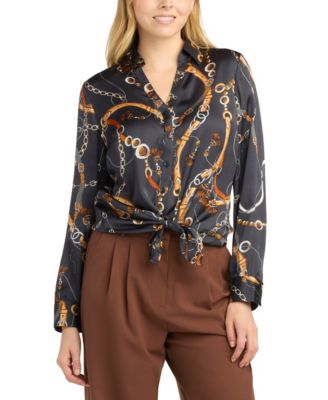 Juniors' Collared Printed Satin Top