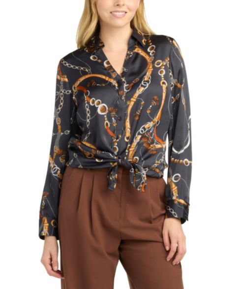 Женский топ BCX Juniors' Collared Printed Satin Top, цвет: Pat G