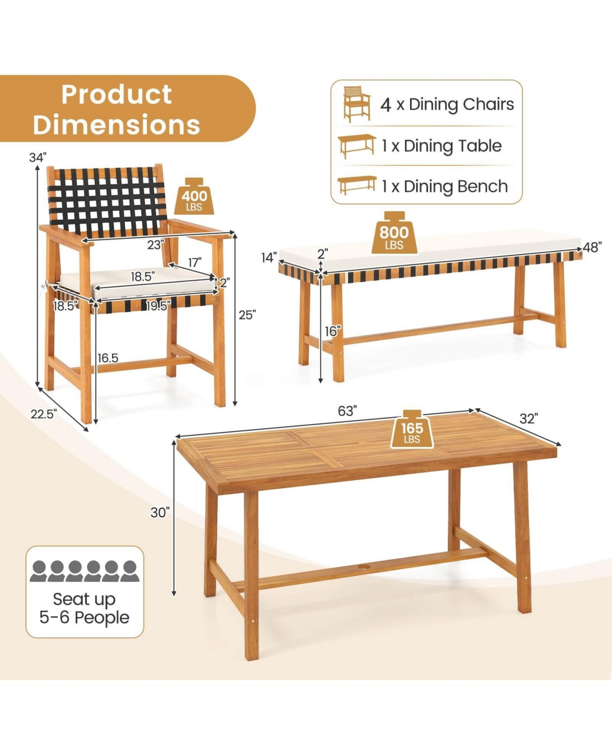 Costway 6piece Patio Dining Set, Acacia Wood Table and Bench and 4 Armchairs with Umbrella Hole