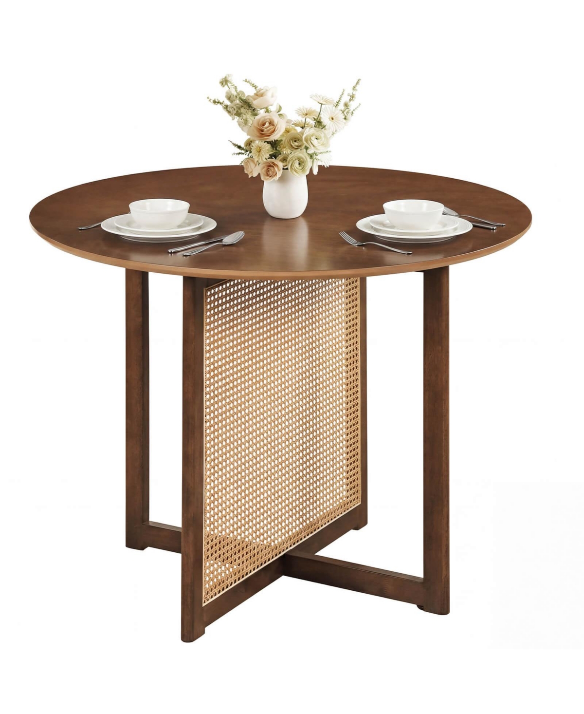 Costway Round Dining Table with Cross Pedestal Base, Pe Rattan Decoration for Dining Room