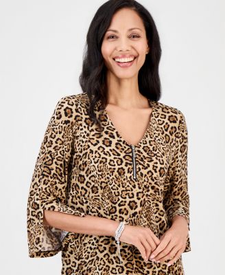 Women's Printed 3/4-Sleeve Zip-Front Top