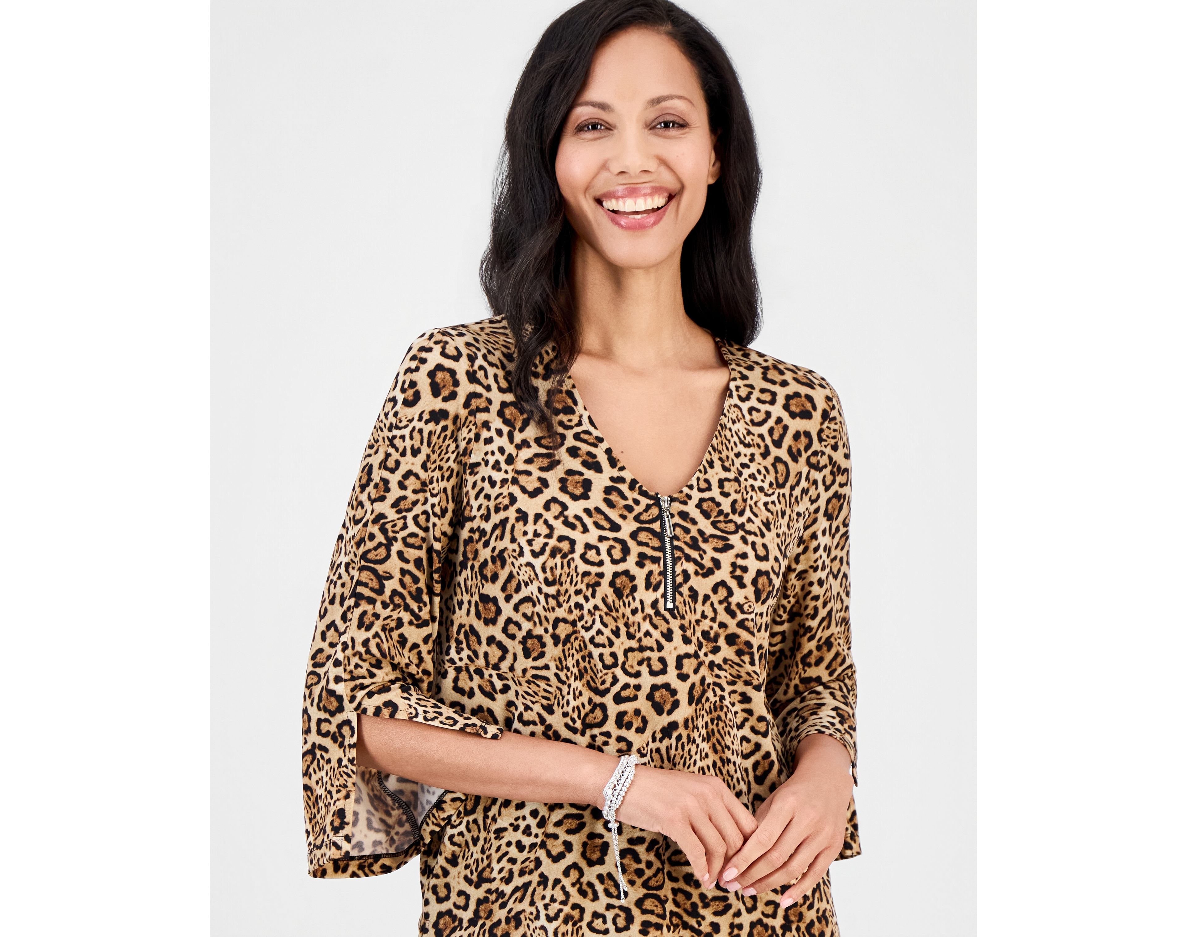 Jm Collection Petite Bold Leo 3/4-Sleeve Leopard-Print Zip-Front Top, Macy's Exclusive