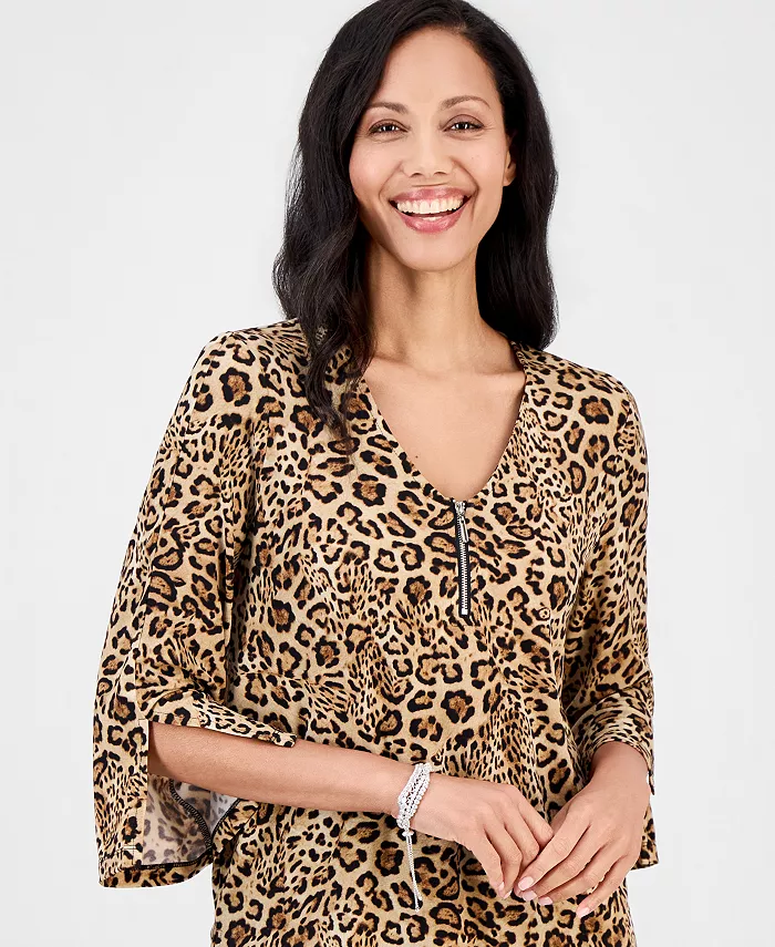 Women's Printed 3/4-Sleeve Zip-Front Top - thumbnail 3