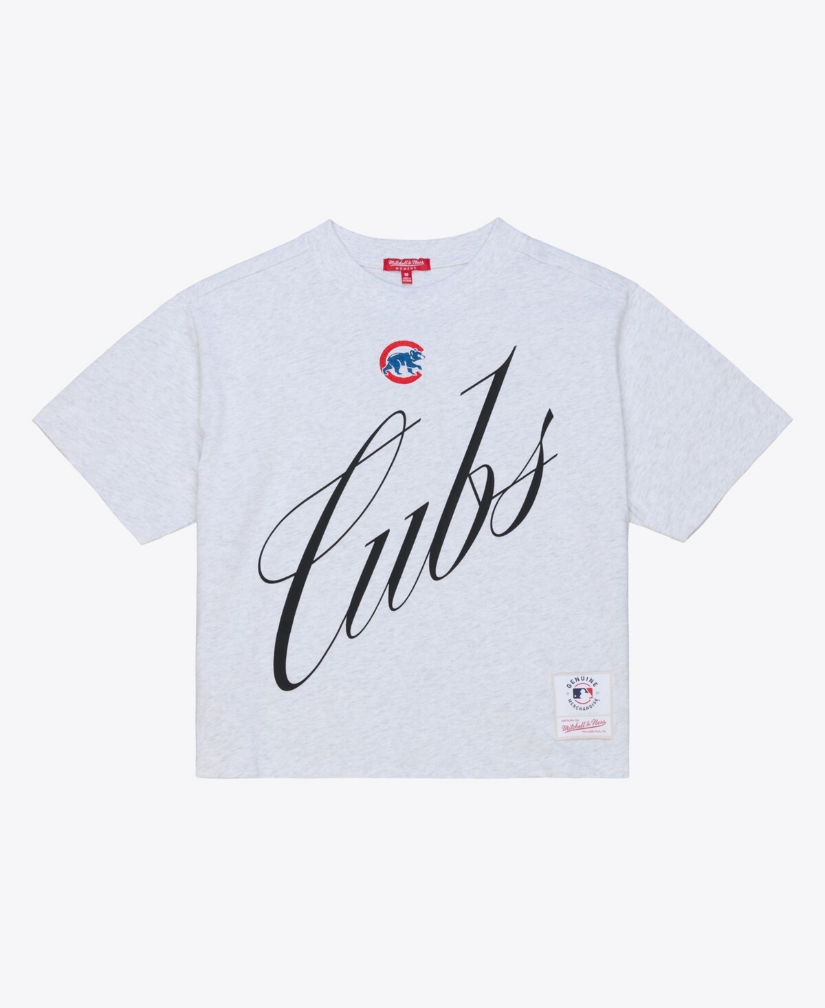 Mitchell & Ness Women's Heather Gray Chicago Cubs Script Cropped Boxy T-Shirt