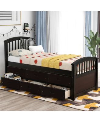 Twin Size Platform Bed with 6 Drawers, Solid Pinewood Storage Bed Frame, for Kids and Teens
