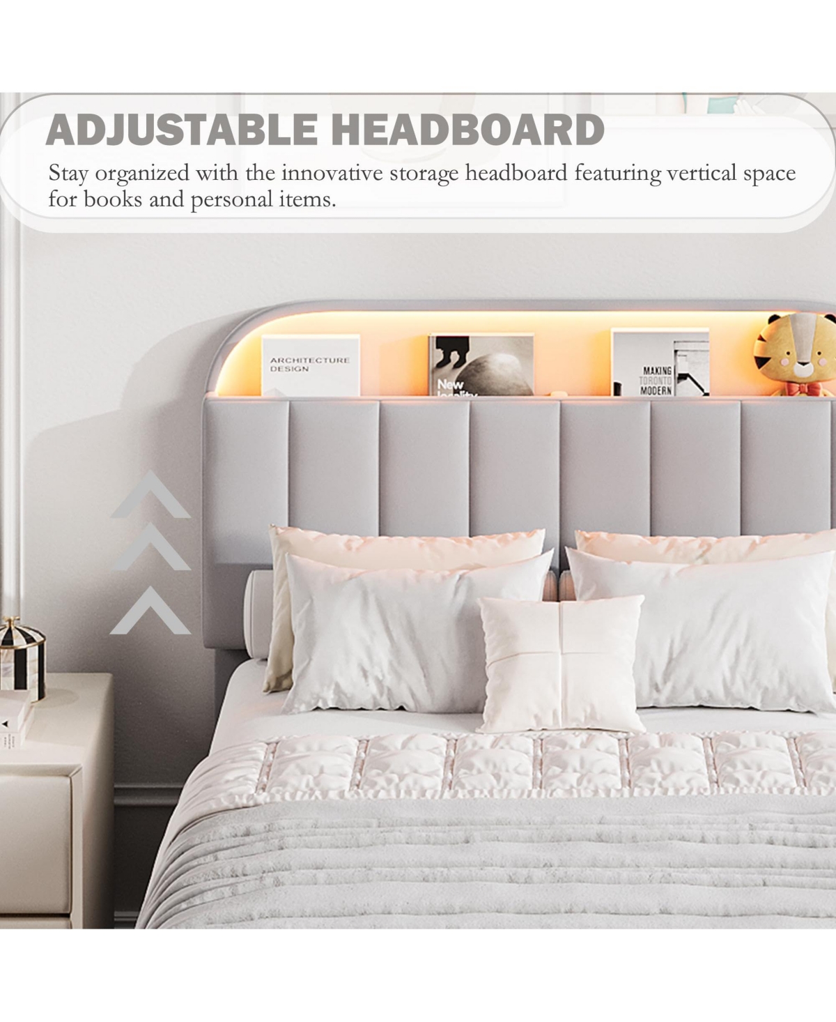 gaomon Bed Frame with Storage Headboard, Kids Bed Frame with 2 Drawers, Velvet Upholstered Platform Bed Frame with Lights