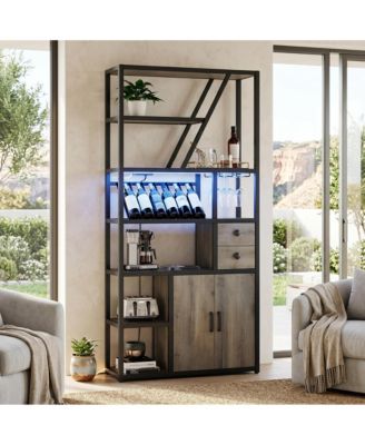 LED RGB Bar Cabinet with Built-in Outlets and USB Ports, Wine and Glass Storage, Adjustable Shelving - Industrial Retro Coffee Bar Organizer