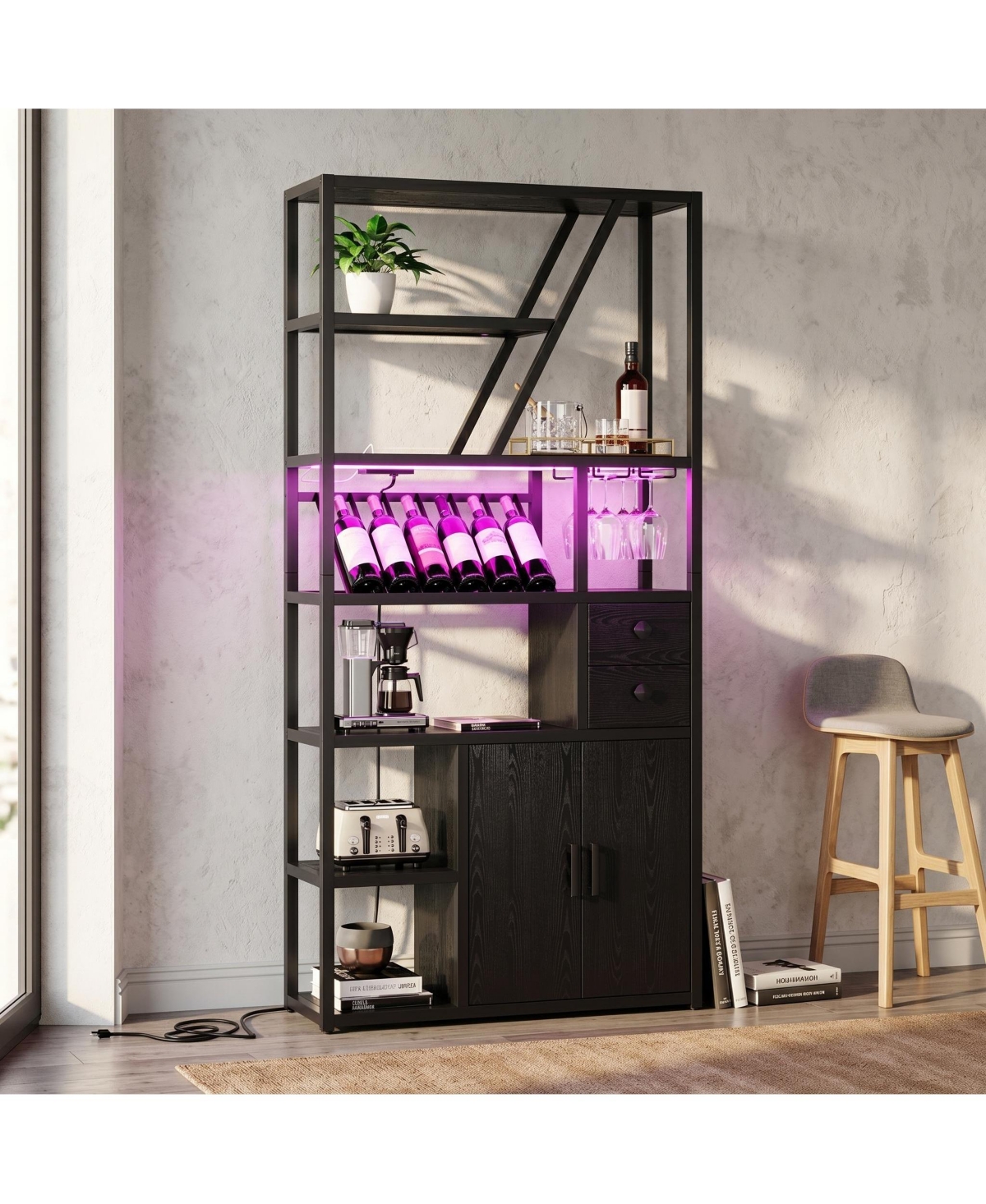 homfan Led Rgb Bar Cabinet with Built-in Outlets and Usb Ports, Wine Glass Storage, Adjustable Shelving - Industrial Retro Coffee Organizer