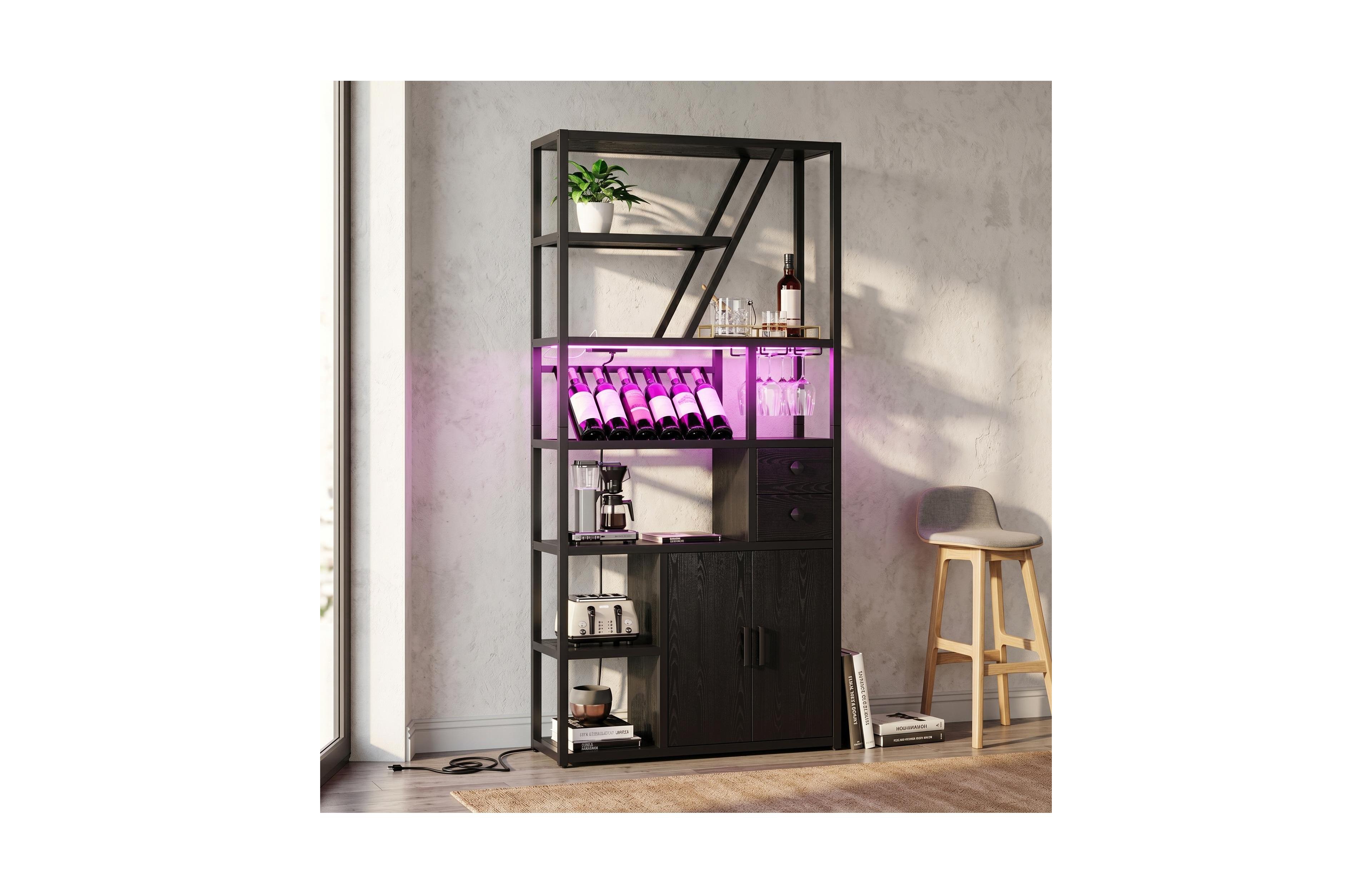 homfan Led Rgb Bar Cabinet with Built-in Outlets and Usb Ports, Wine Glass Storage, Adjustable Shelving - Industrial Retro Coffee Organizer