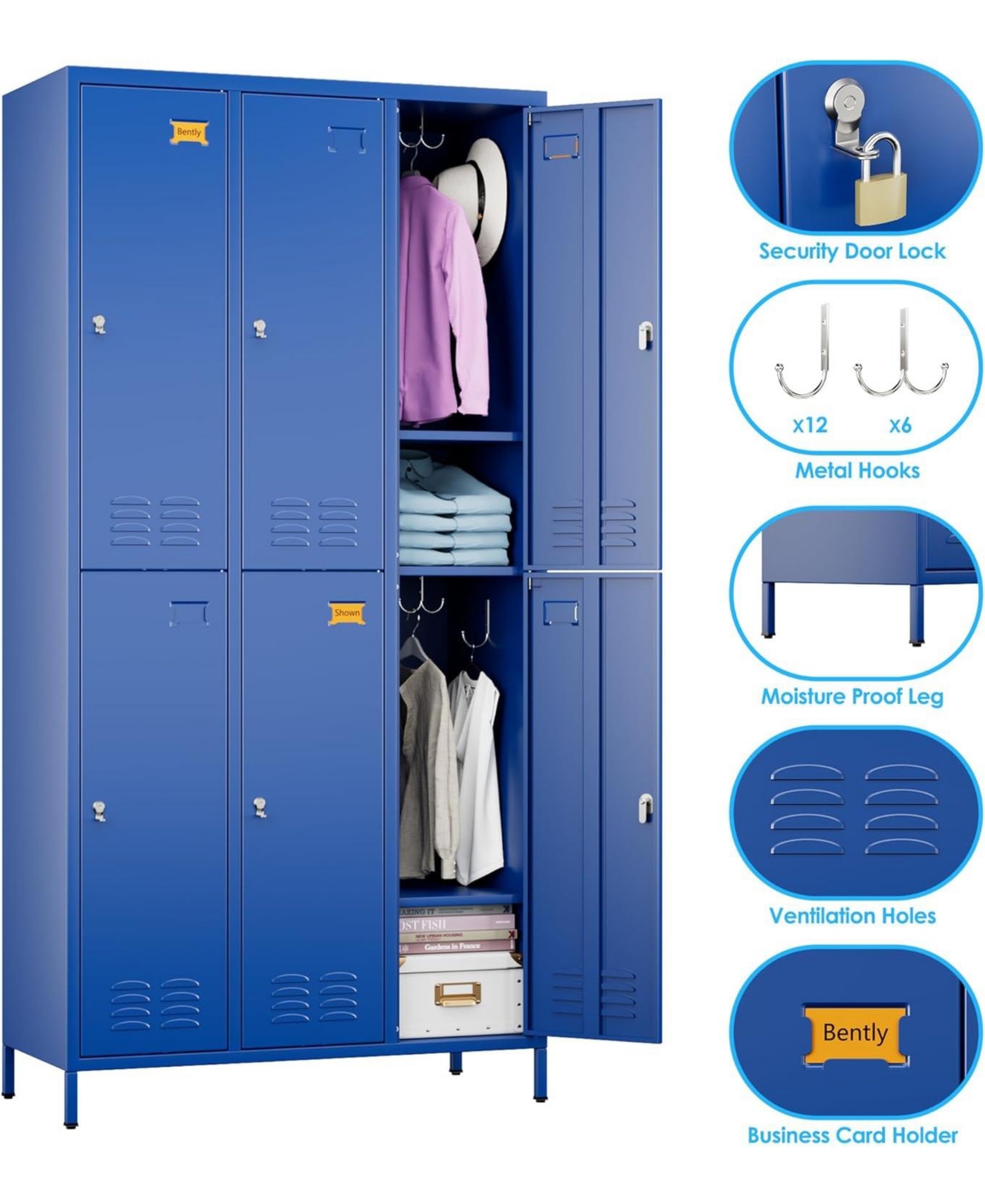 Boyel Living 6-Door Metal Locker with Business Card Holders and Hooks, Vented Employee Storage Cabinet for Gym Office