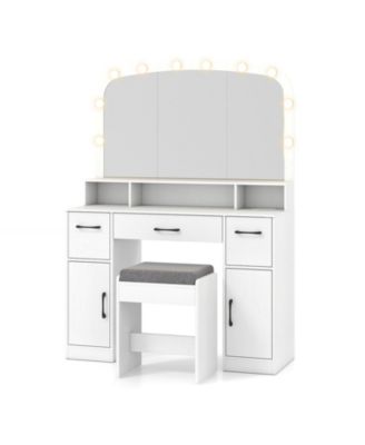 3-Color Light Makeup Desk with Stool and Convenient Charging Station
