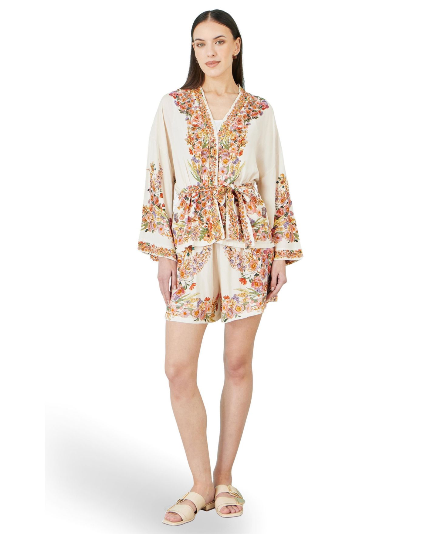 Женская куртка Yumi Viscose Floral Border Belted, цвет: Слоновая кость — фото 2