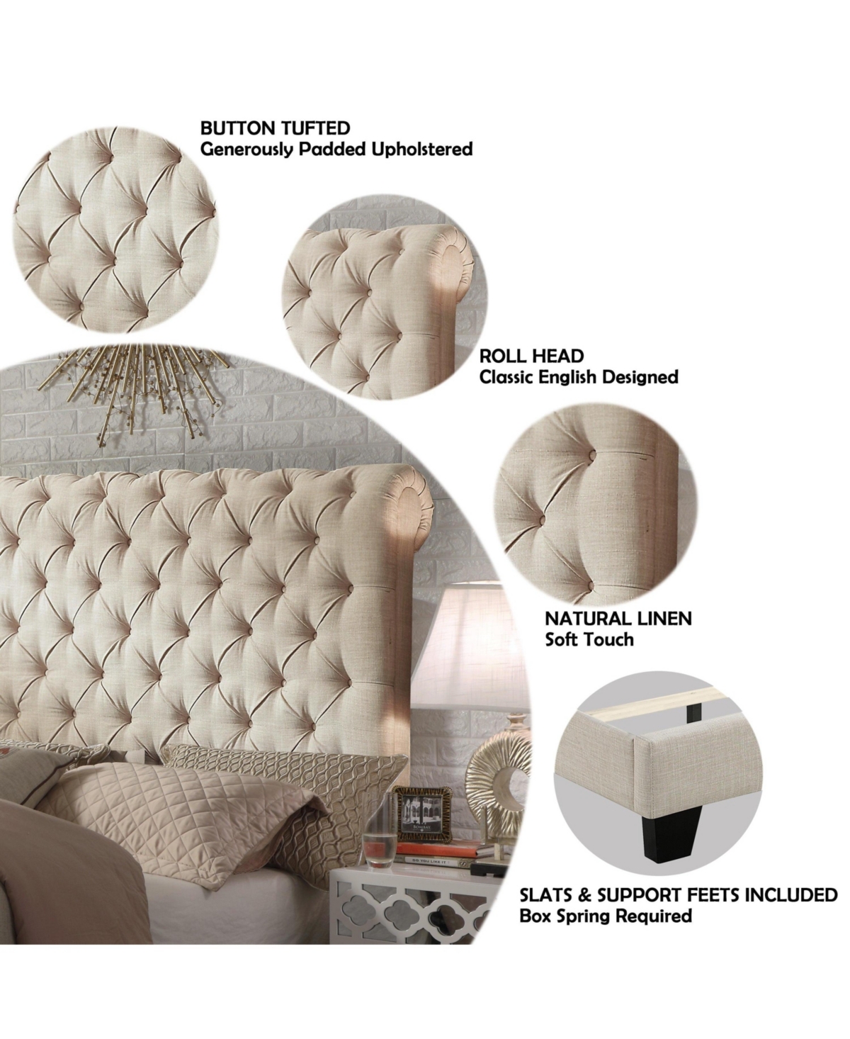 Boyel Living Luxury Upholstered Bed Frame with Tufted Headboard Platform Bed with Solid Wood Frame