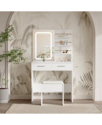 Modern Vanity Desk with Mirror, 3 Color LED Lighting, 4 Open Shelves, 2 Storage Drawers, Cushioned Stool, Dressing Table