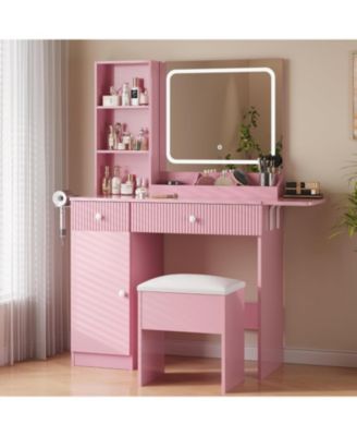Vanity Desk with Mirror and LED Lights, Power Outlets, Drawers, Cabinet, Storage Stool, Collapsible Panel, Compact Bedroom Dressing Table