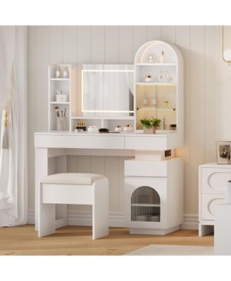 Arched Vanity Desk Set with Lighted Mirror, 3 Drawers, 11 Shelves, Outlet and Stool