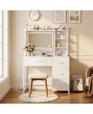 Vanity Desk with Square Mirror, 35.4"Makeup Vanity Table with Shelves, 4 Fabric Drawers Storage, Modern Dressing Table for Bedroom