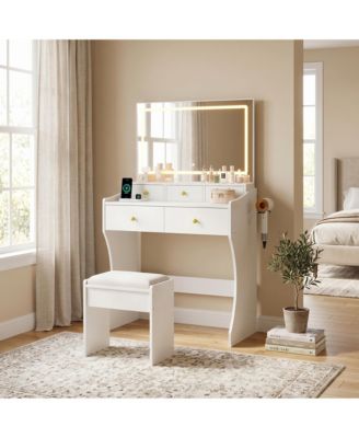 31.5-Inch-Wide Vanity with Chair, Womens Vanity with Stool, LED Mirror, Hairdryer Holder, Power Outlet, 3 Lighting Color Adjustable