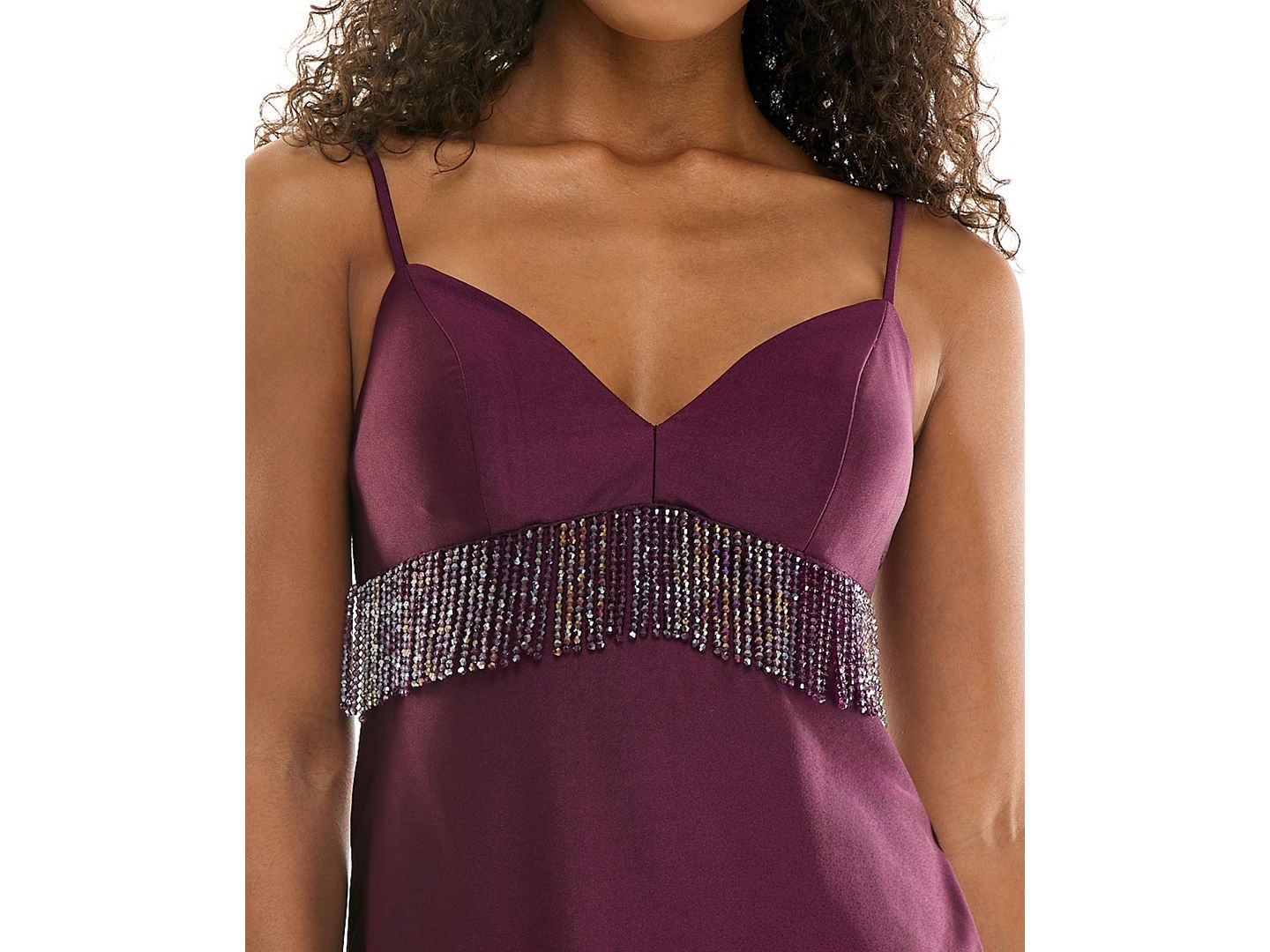 Женское платье City Studios Juniors' Beaded Fringe Trim Satin Short, цвет: Баклажановый — фото 6