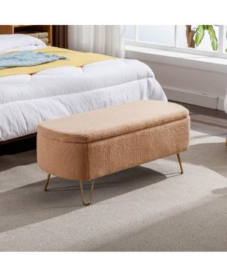 Storage Ottoman Bench for End of Bed Gold Legs Modern Grey Faux Fur Entryway Bench Upholstered Padded