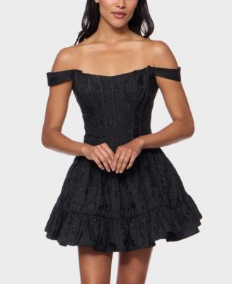 Juniors' Off-The-Shoulder Corset Bodice Jacquard Dress