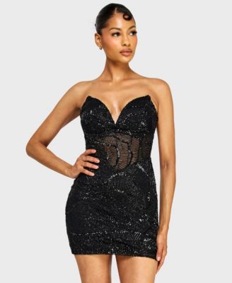 Juniors' Strapless V-Neck Sequin Beaded Dress