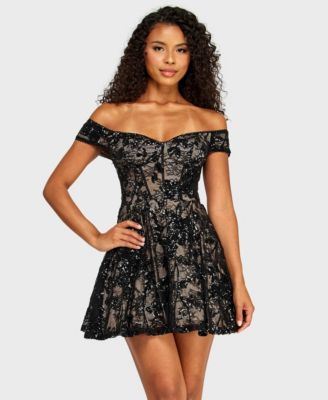Juniors' Off-The-Shoulder Lace Sequin Corseted Dress